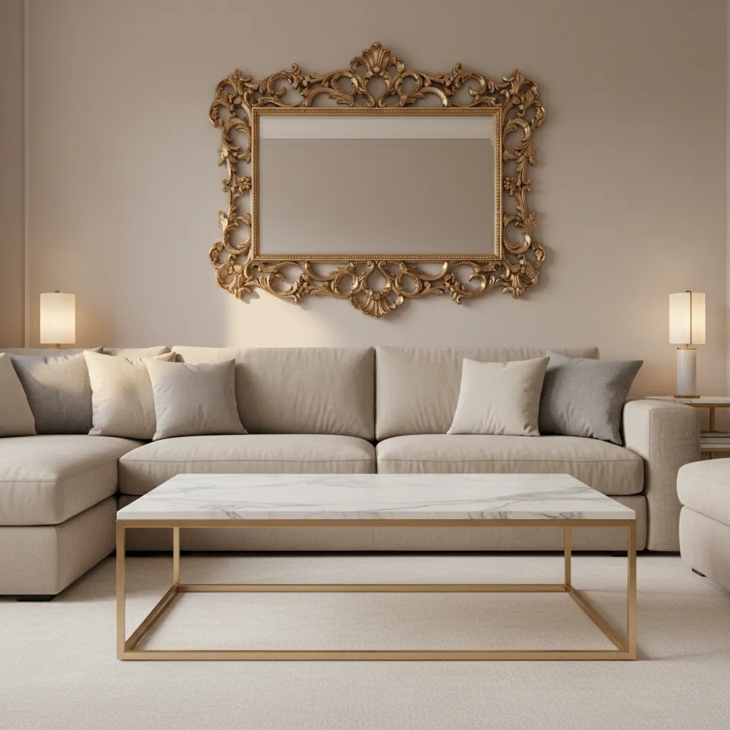 Gold accent furniture and marble table in neutral living room