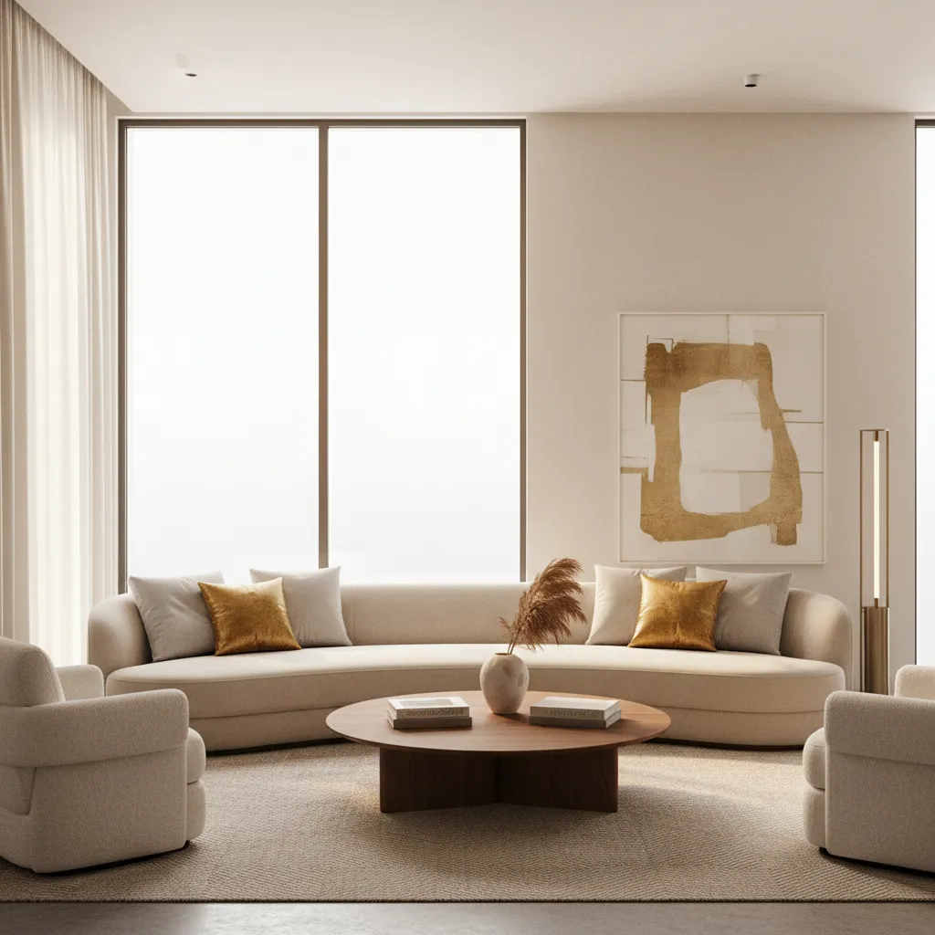 Neutral sofa styled with subtle gold accent pillows in a luxury living room