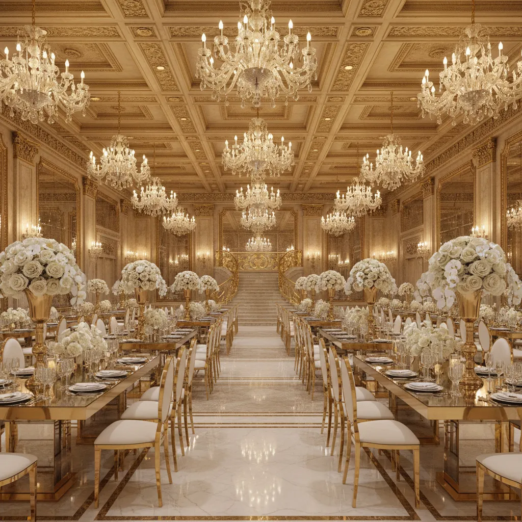 luxury gold banquet hall theme with chandeliers and elegant table settings
