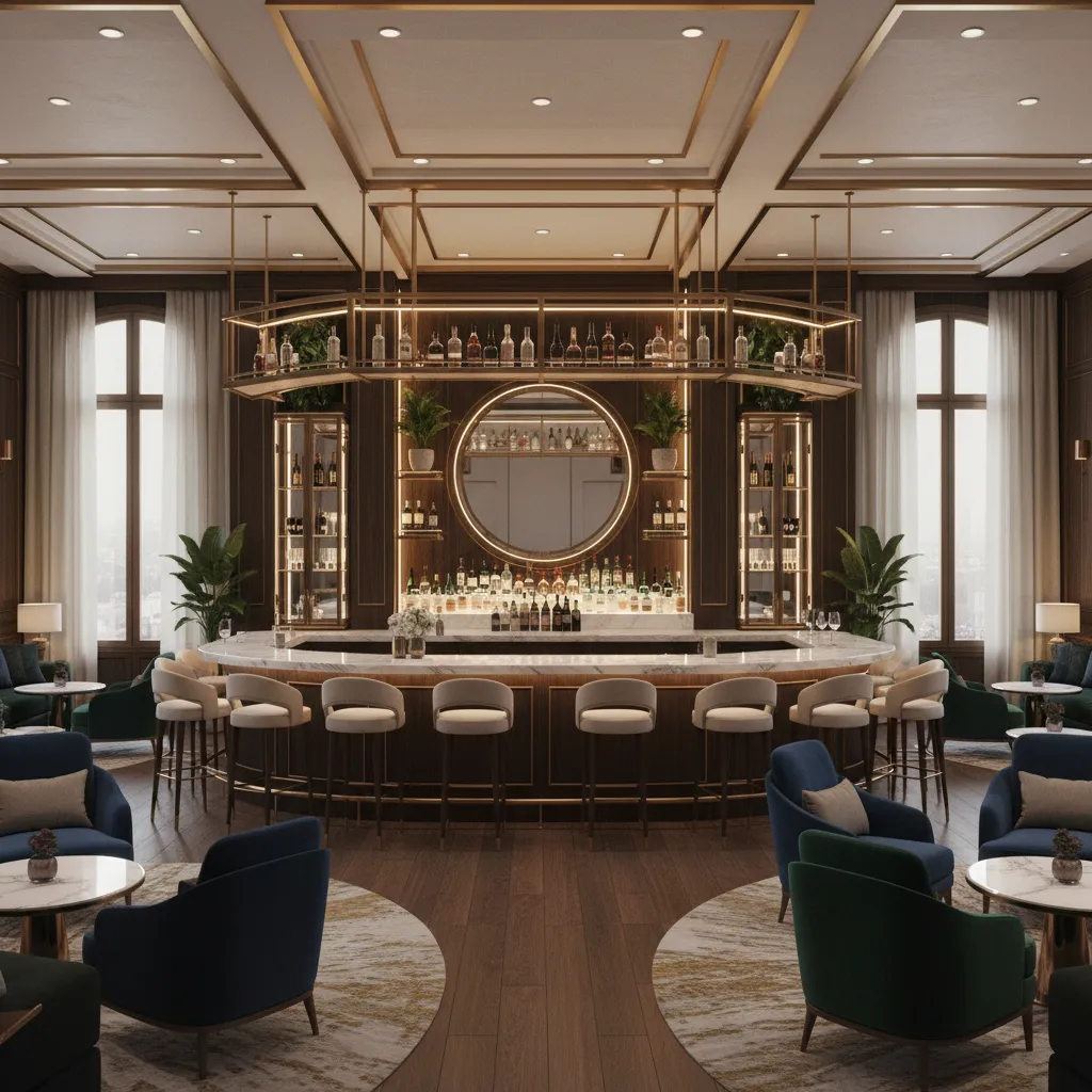 Upscale hotel bar with gold bar stools and warm ambient lighting