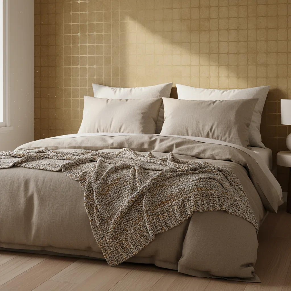 Close view of textured bedding on a bed against gold bedroom walls