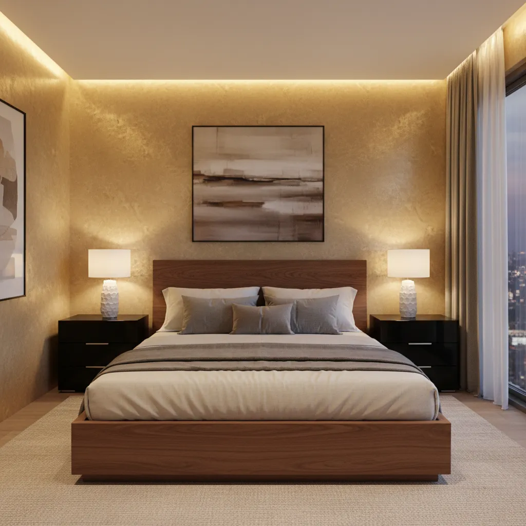 Bedroom with gold walls balanced by dark furniture accents
