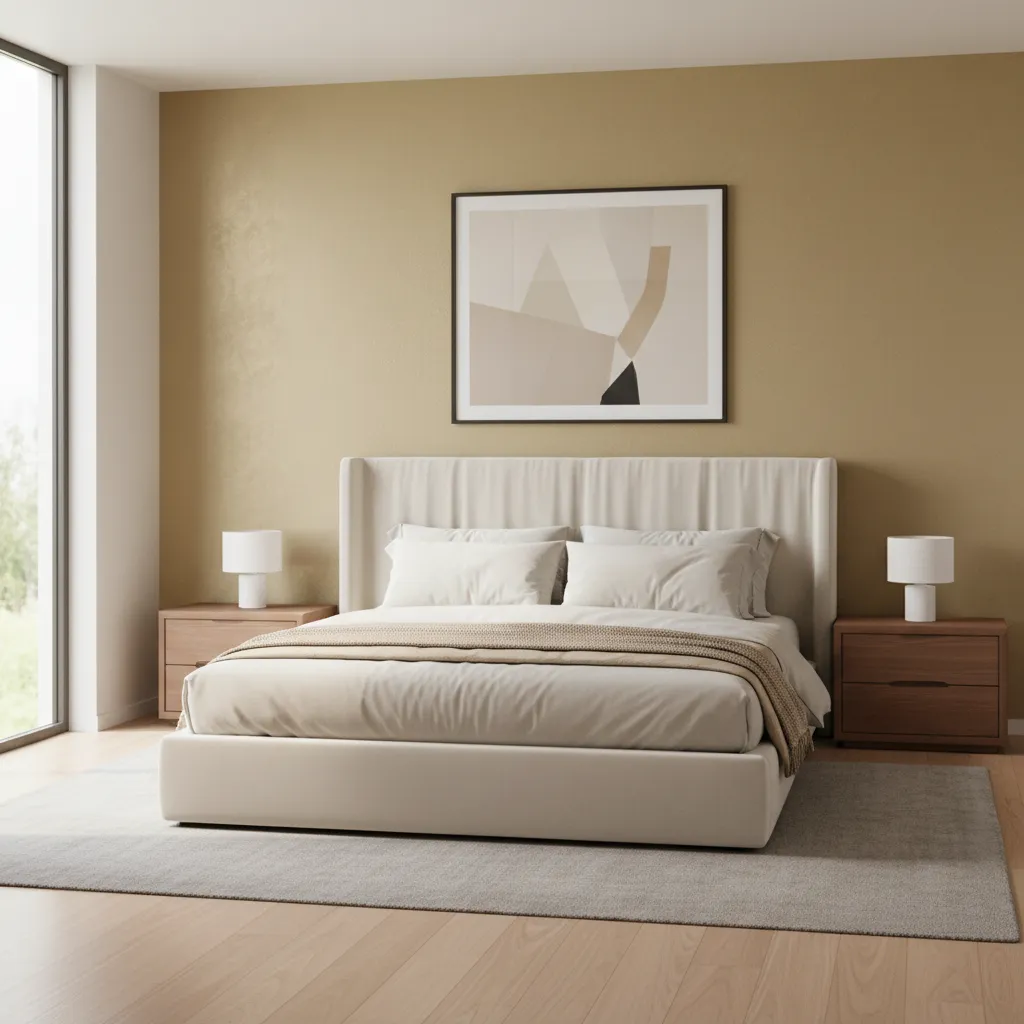 Bedroom with gold walls paired with neutral furniture and soft bedding