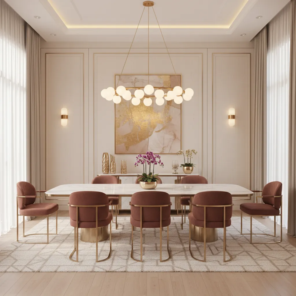 Modern dining room with gold framed dining chairs and marble table