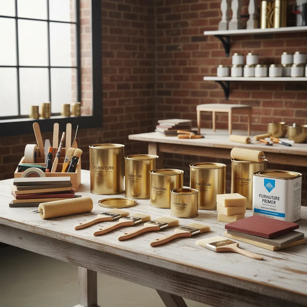 Tools and metallic gold paint supplies arranged for furniture refinishing