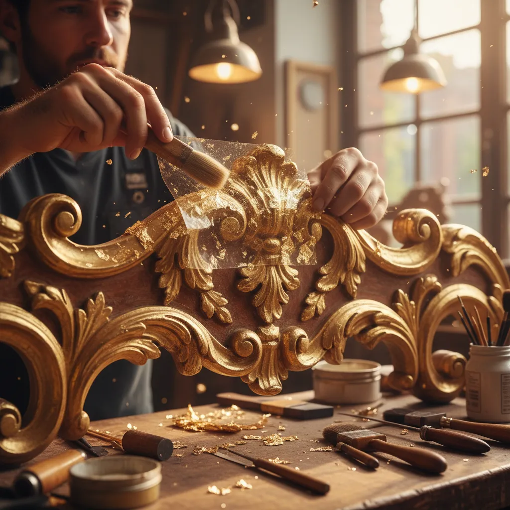 artisan applying gold leaf sheets to decorative furniture frame