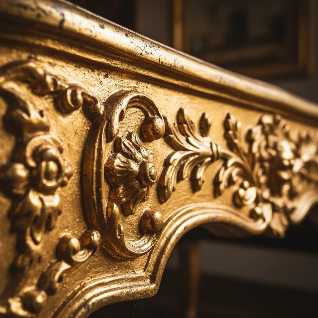 close up reflective texture of gold leaf on carved furniture