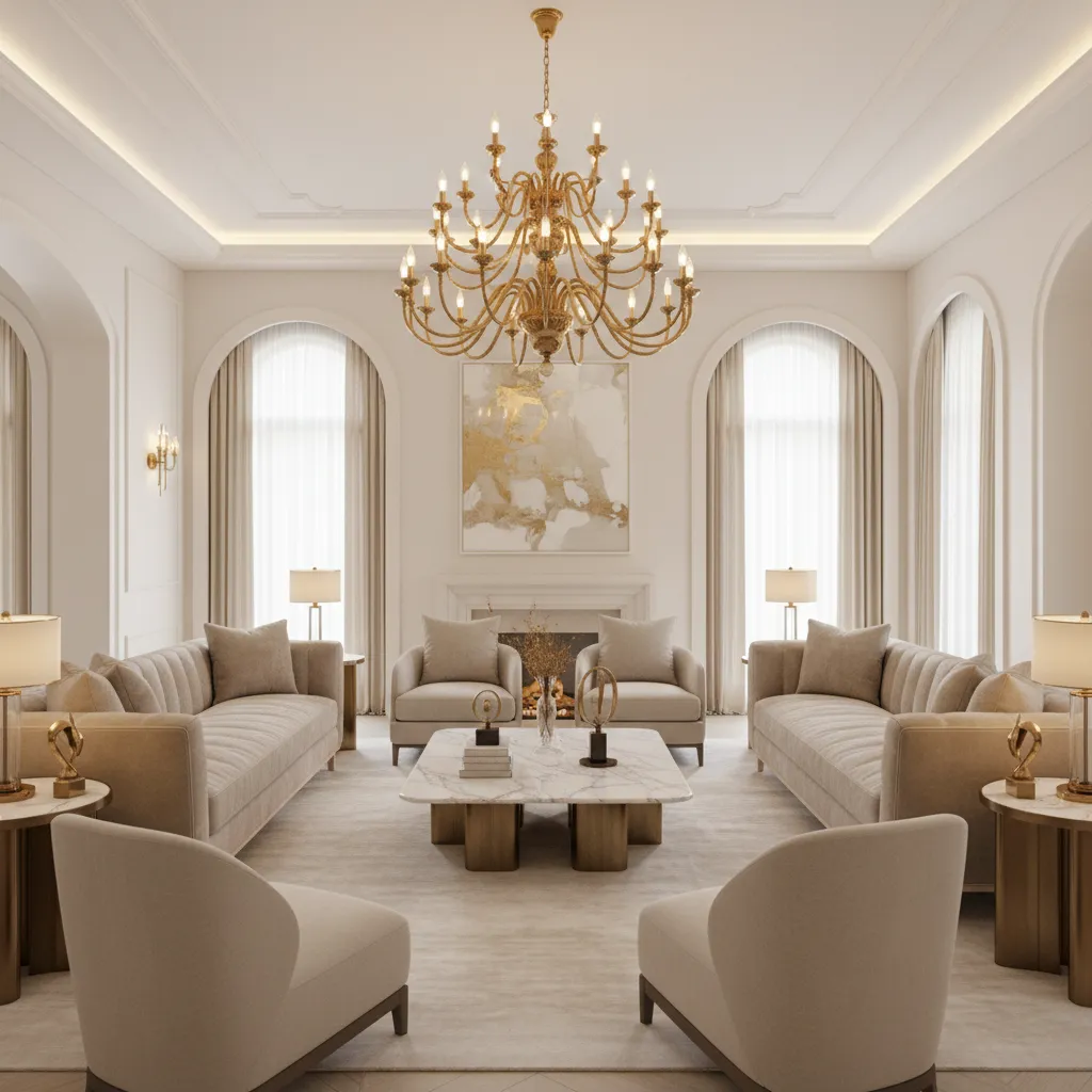 Luxury living room lighting with gold chandelier illuminating neutral interior