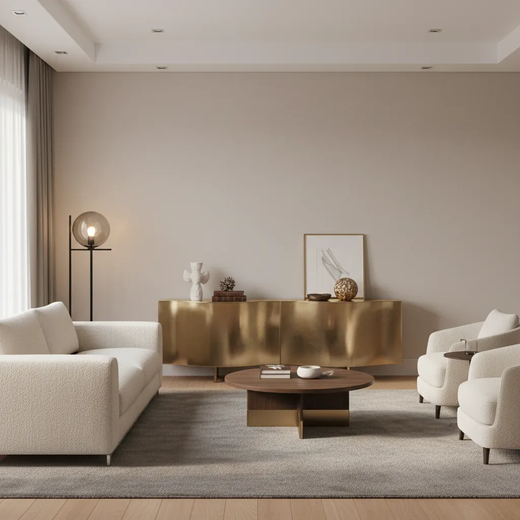 Gold painted console table with metallic finish in modern living room