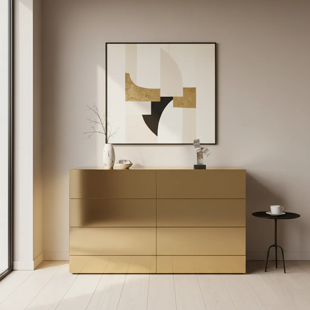 dresser with metallic gold paint finish in modern interior