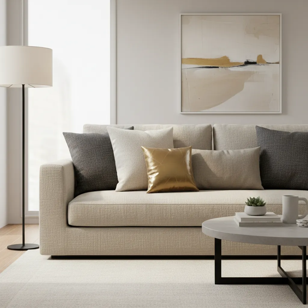 Designer sofa pillow arrangement with neutral and gold accent pillows