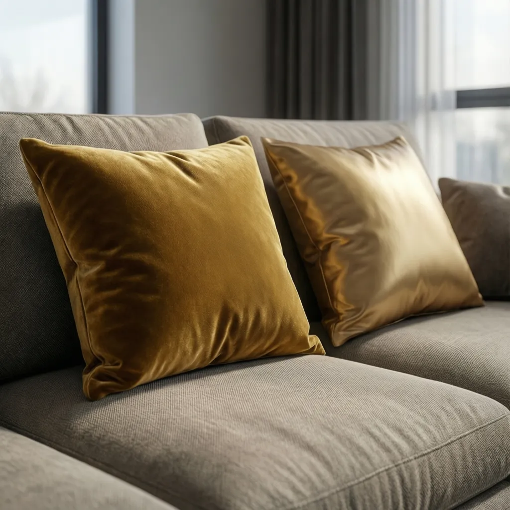Neutral sofa with gold velvet and satin pillows showing fabric differences