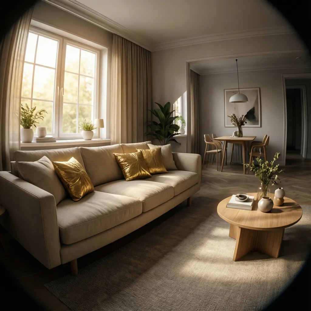 Neutral living room with sofa styled using gold decorative pillows