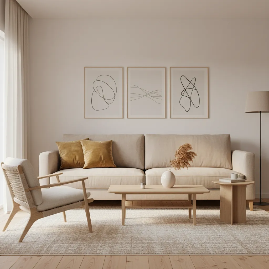 Neutral sofa styled with gold decorative pillows in a modern living room