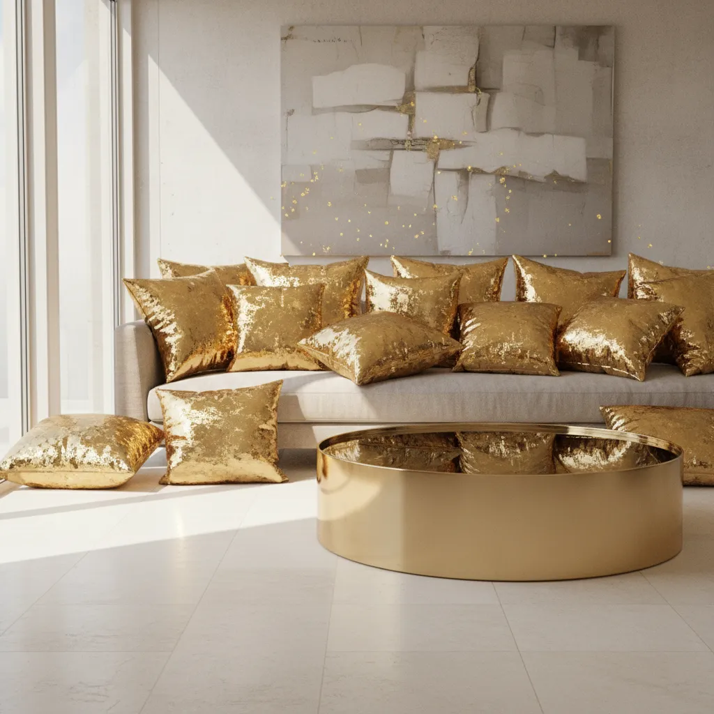 Living room sofa overloaded with shiny gold throw pillows creating visual imbalance