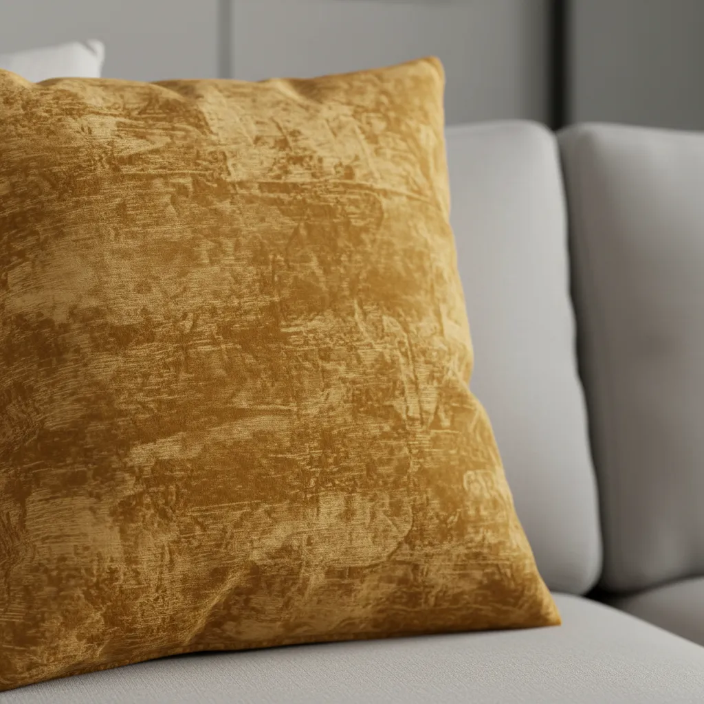 Close view of velvet gold decorative pillow texture
