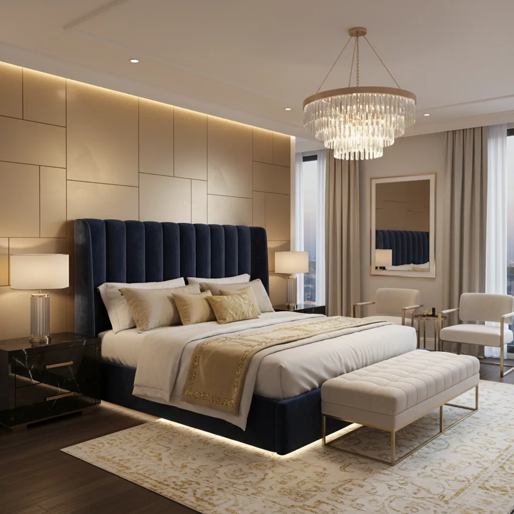 Bedroom layout showing gold accent wall behind bed with balanced furniture placement