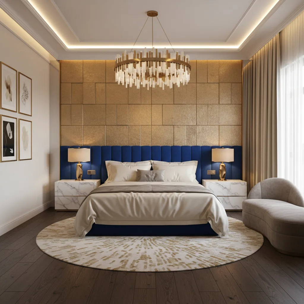 Luxury bedroom combining gold wall with velvet headboard and marble furniture