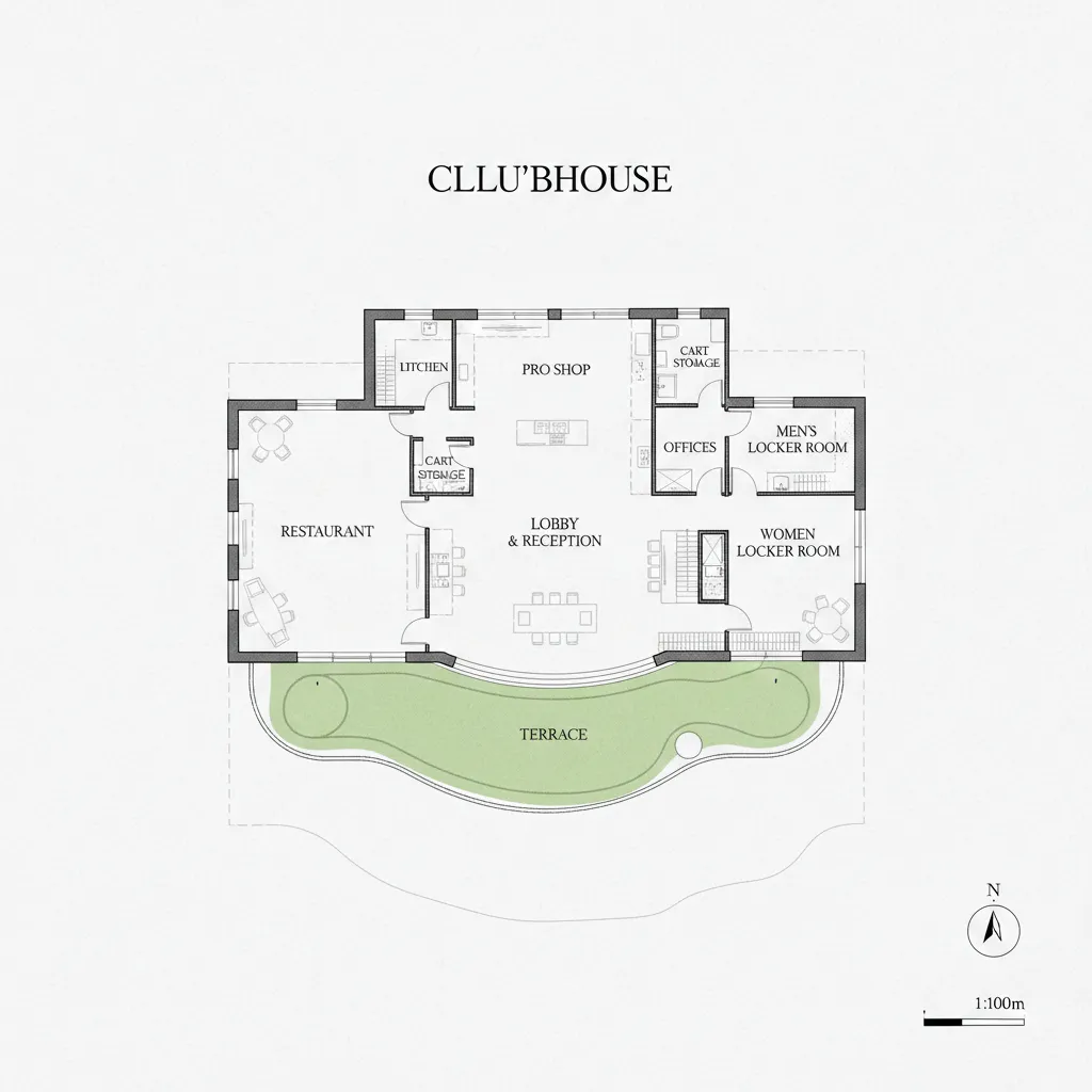 Plano conceptual de distribución de una casa club de golf