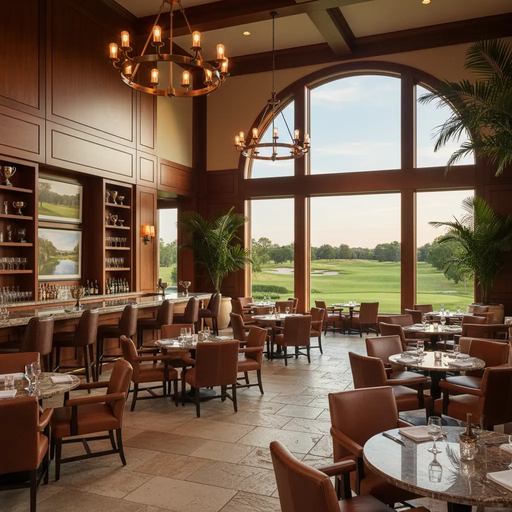 Interior de restaurante en casa club de golf con grandes ventanales