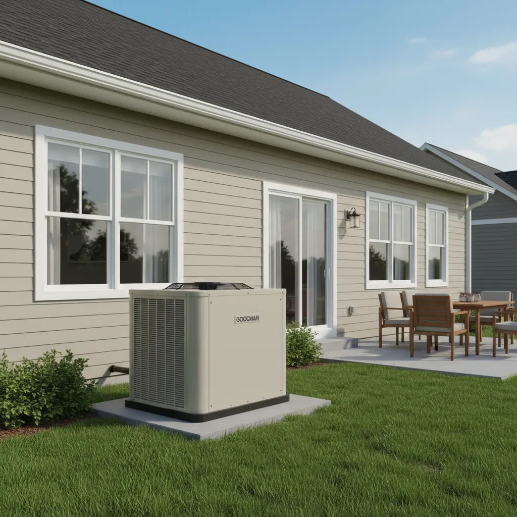 Goodman outdoor AC condenser unit beside residential house