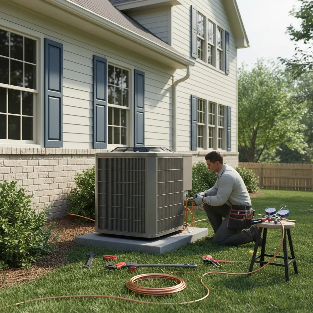 residential HVAC technician installing outdoor air conditioner unit