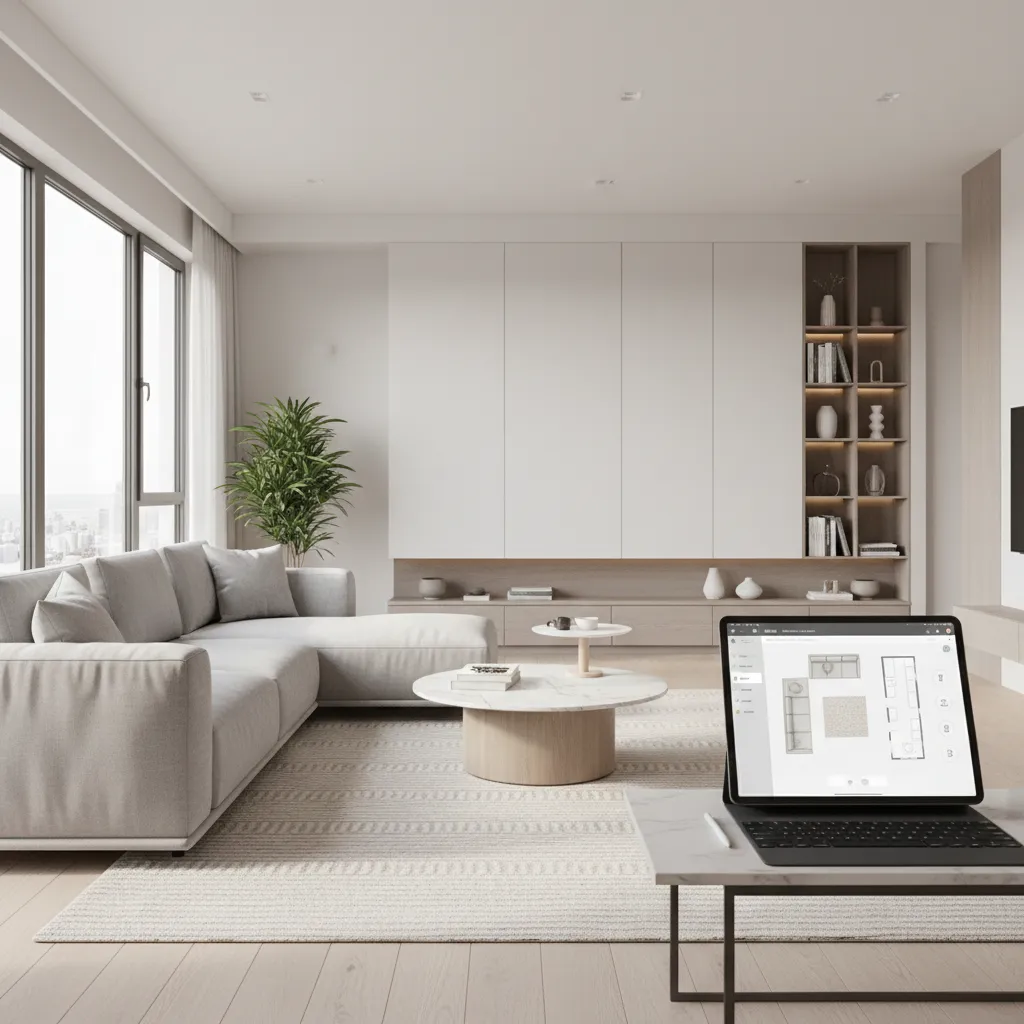 Modern living room with grey sofa and tablet showing interior design drawing of room layout
