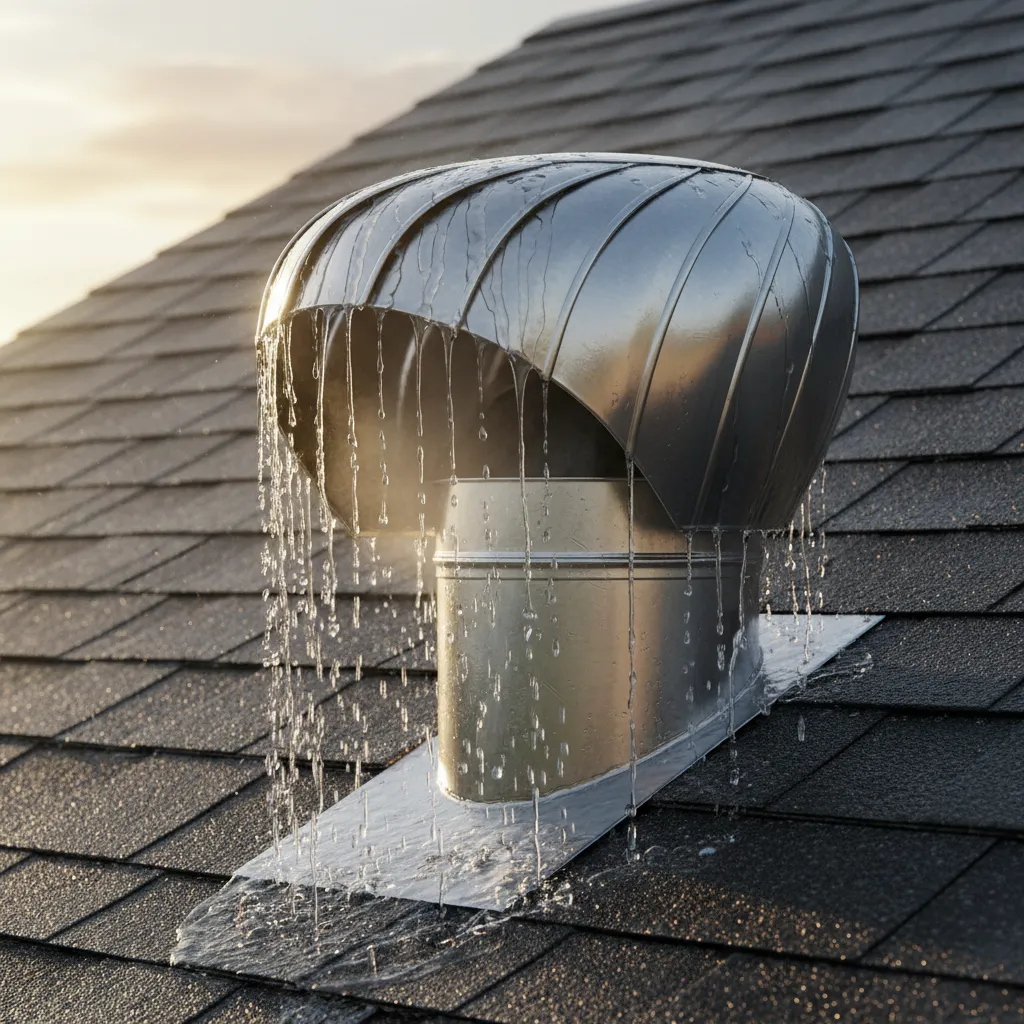 Close view of gooseneck roof vent hood directing rain away from opening