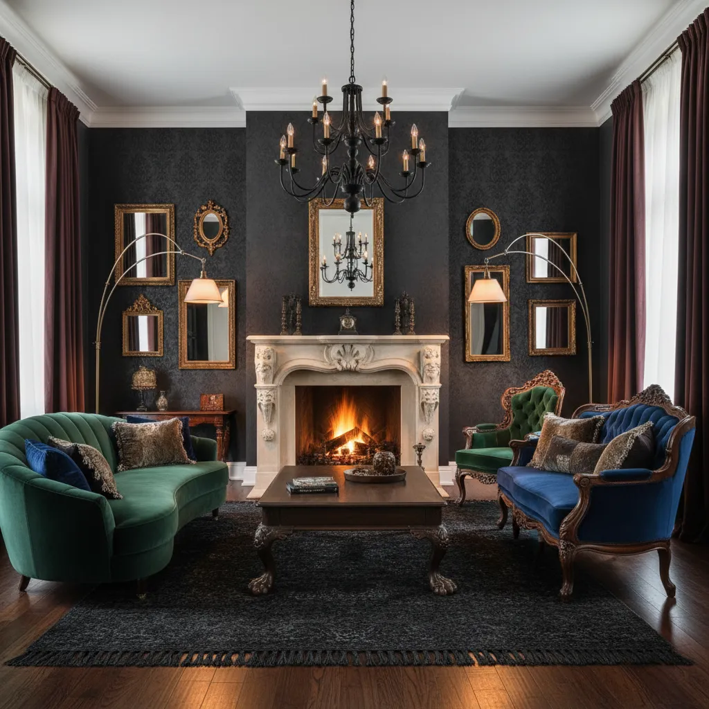 Salón moderno con pared oscura y decoración gótica elegante