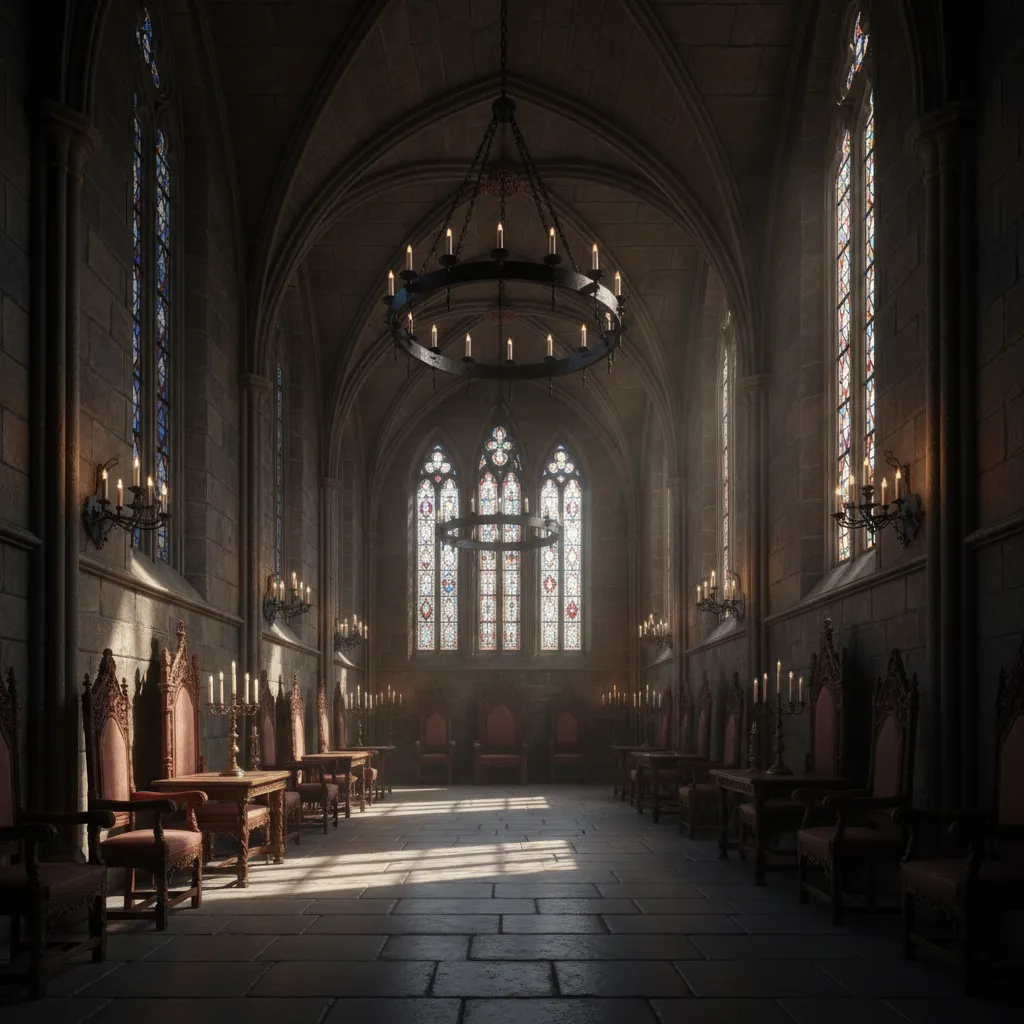 Interior gótico con arcos apuntados y paredes oscuras