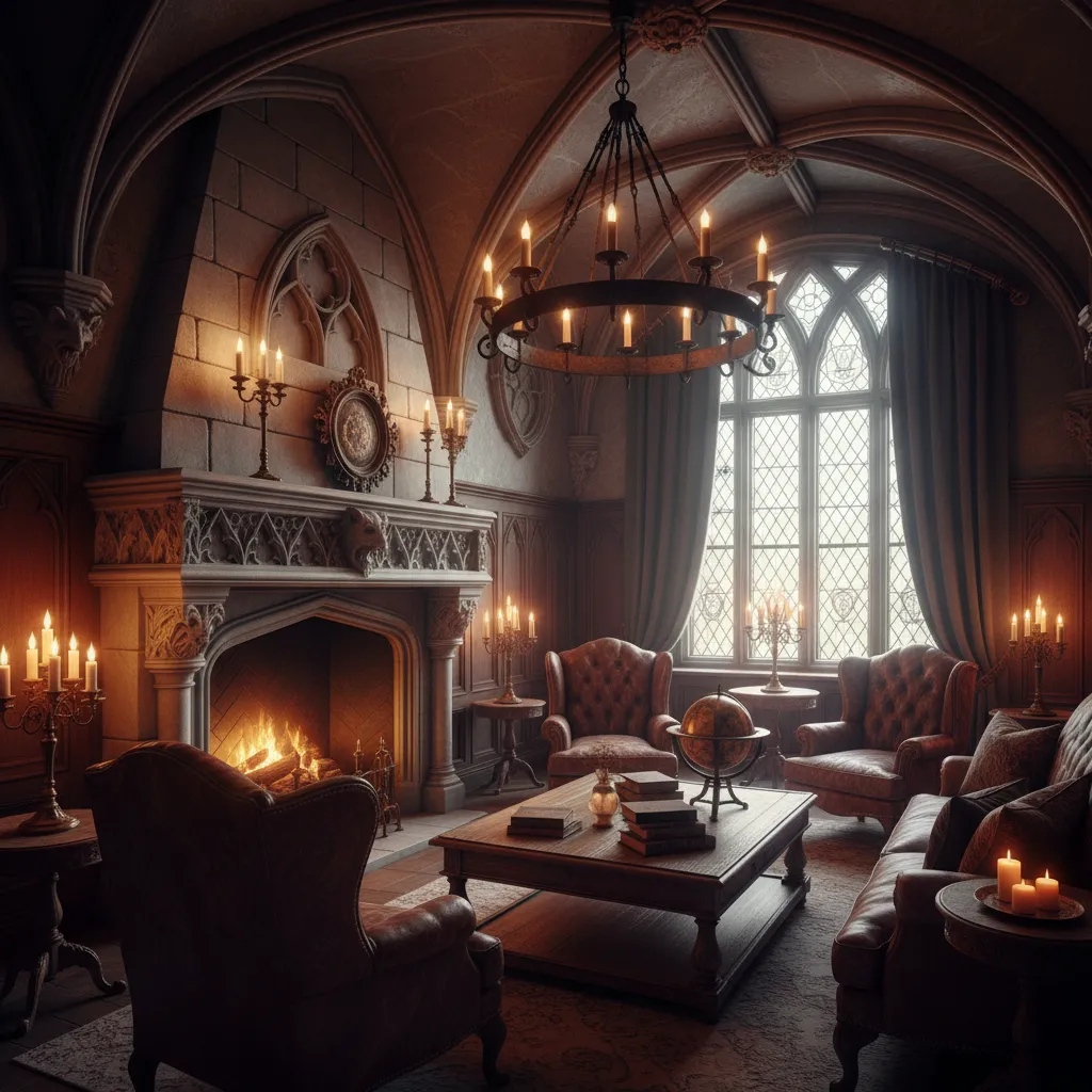 Iluminación cálida en un interior gótico elegante