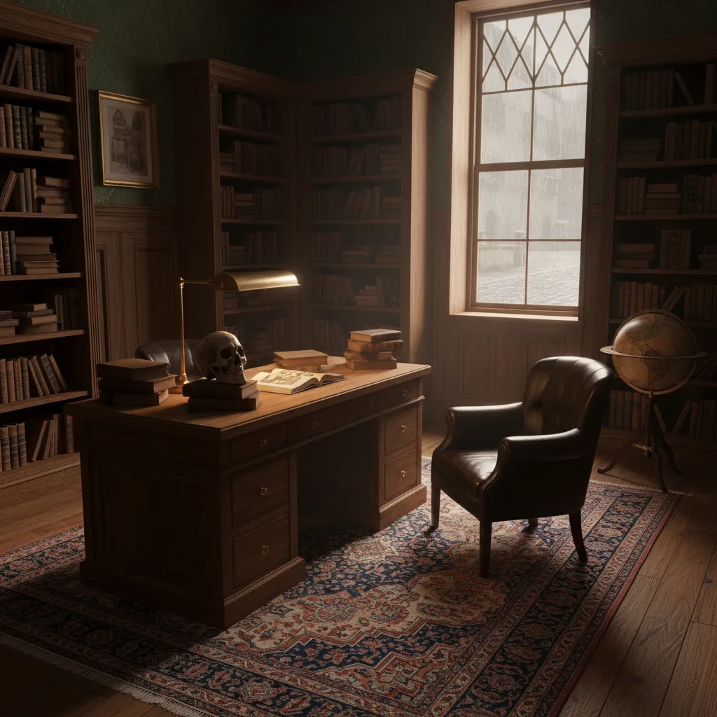 Dark academia desk with skull, antique books, and brass lamp