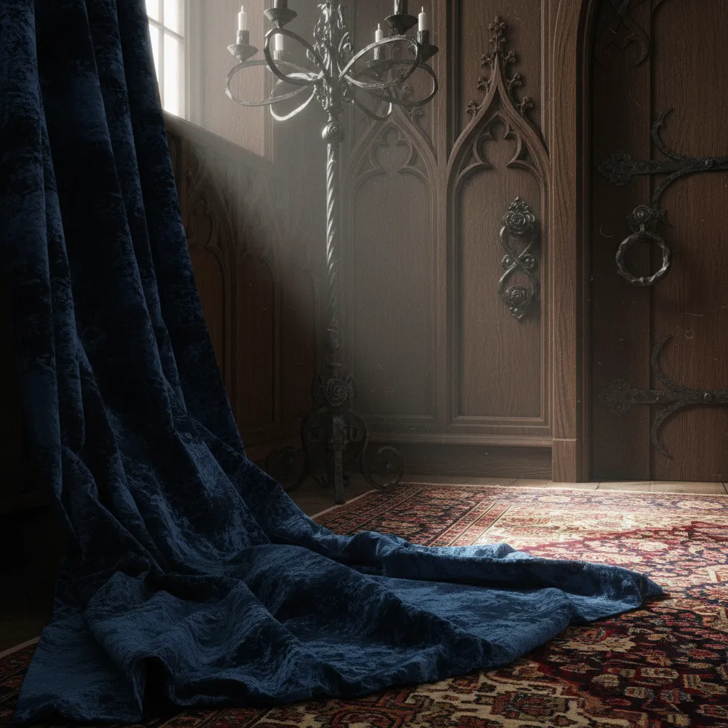 Materiales típicos del estilo gótico como terciopelo y madera oscura