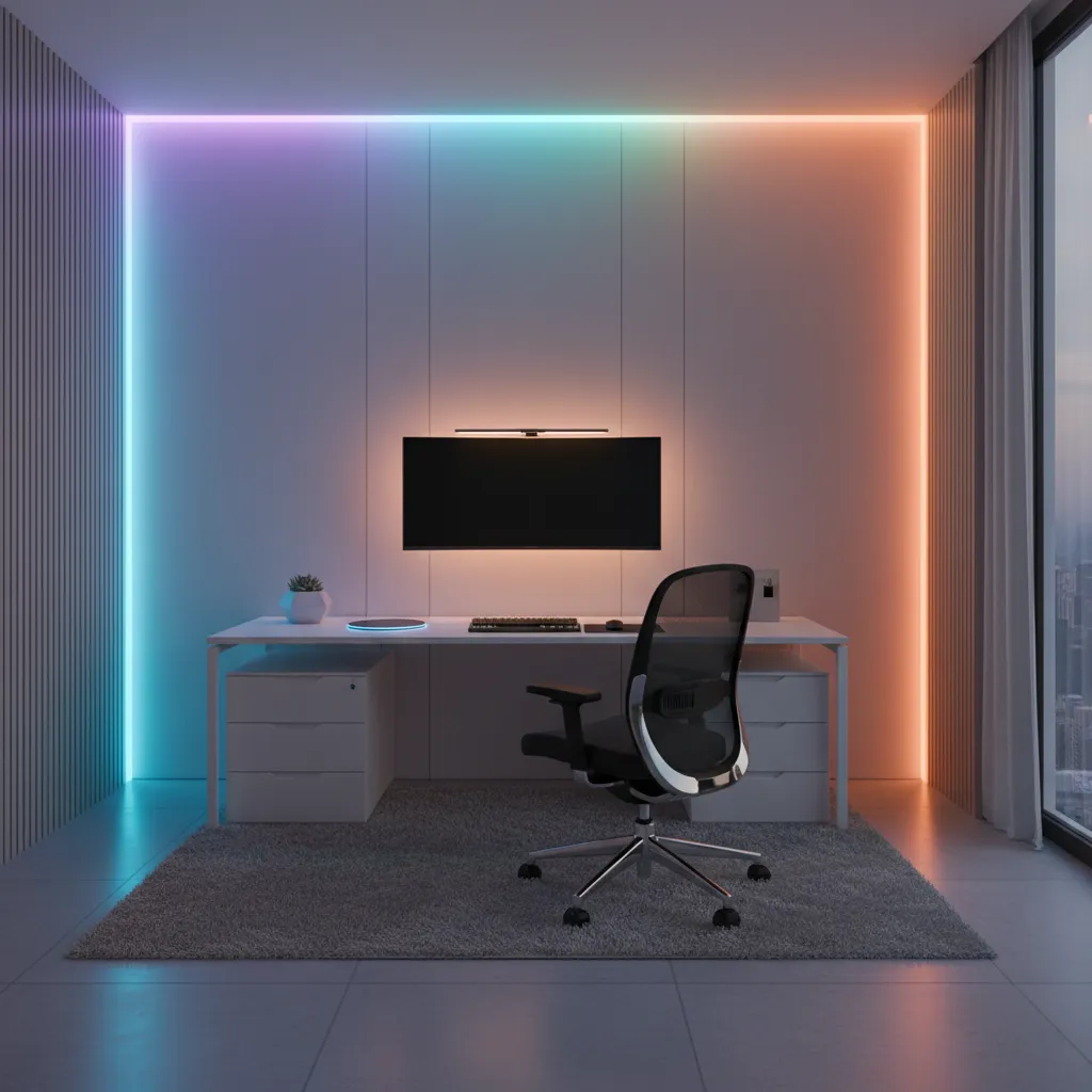 LED strip lighting installed behind a desk setup in a modern room