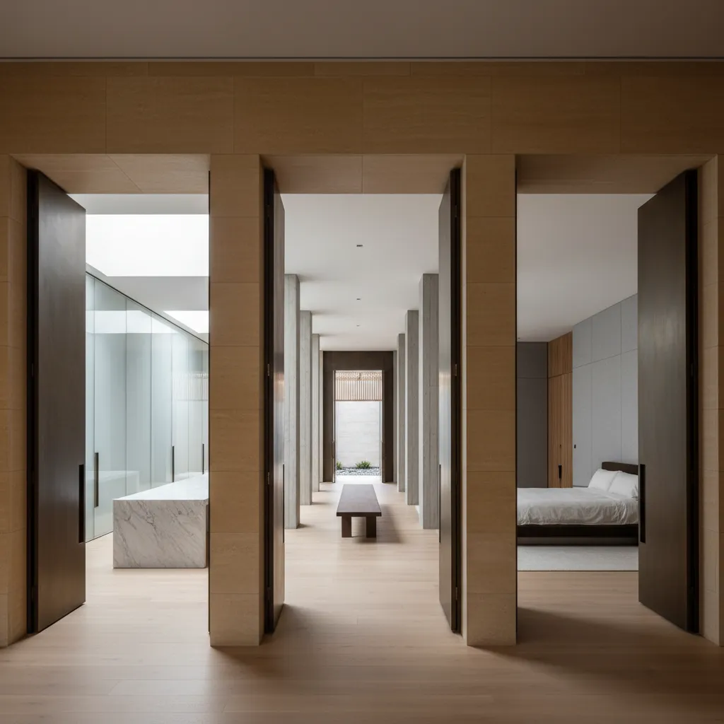 Minimalist interior design drawing showing a long wooden hallway connecting a bathroom and white bedroom