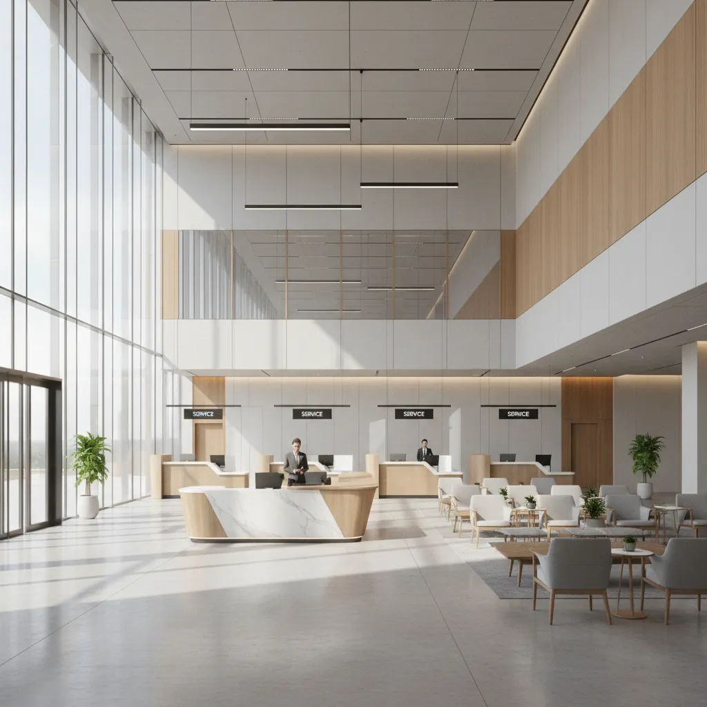 public lobby area inside a civic government building with service counters