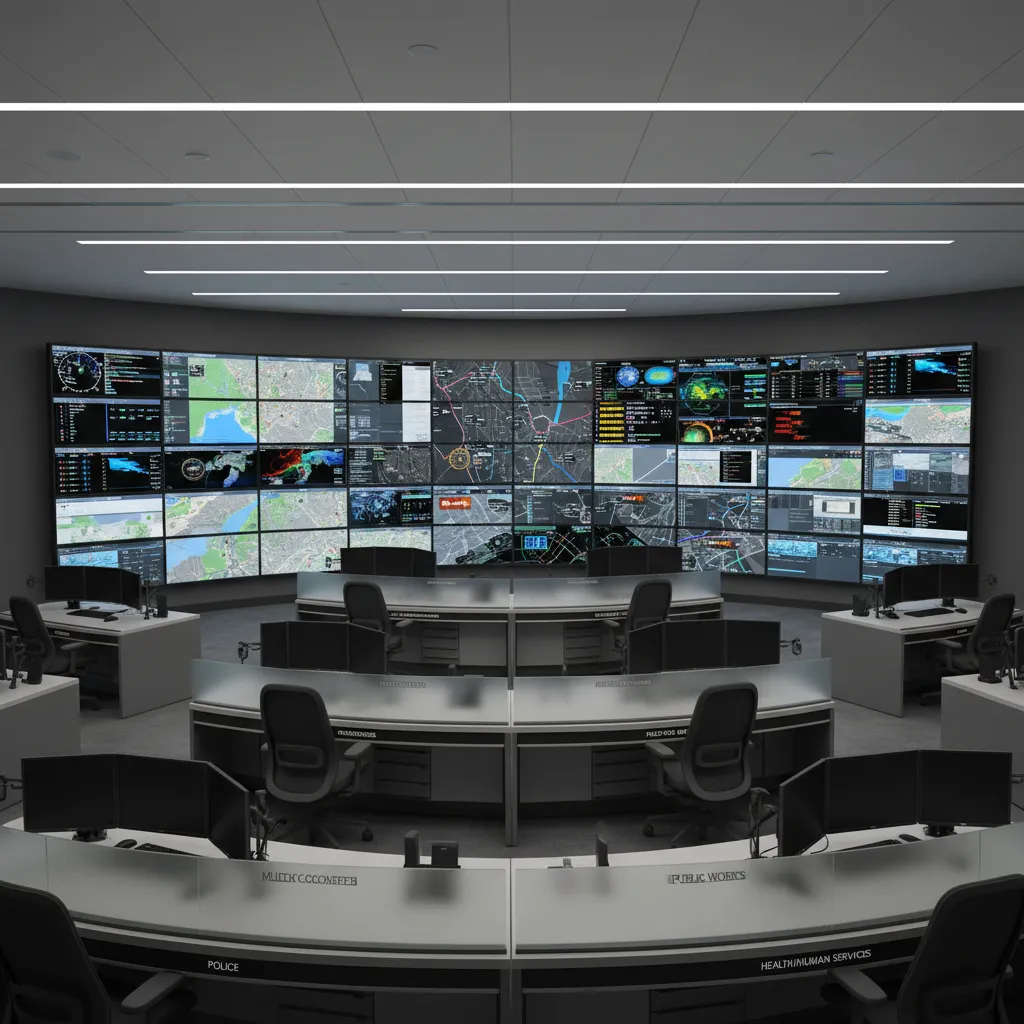 Government emergency operations center with semicircle desks facing video wall
