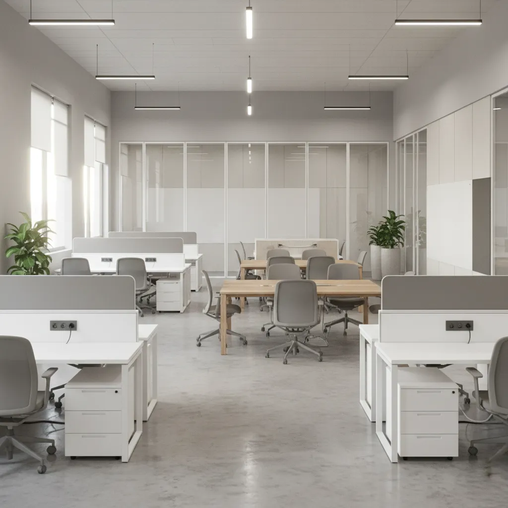 flexible government office workspace with modular desks and meeting rooms