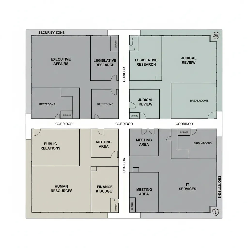 Diagram illustrating departmental zoning in large government headquarters office layouts