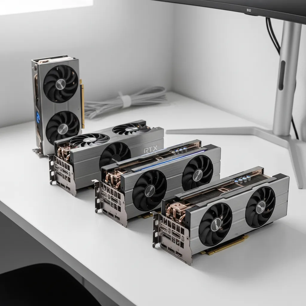 graphics cards used for rendering such as RTX GPUs on a clean desk