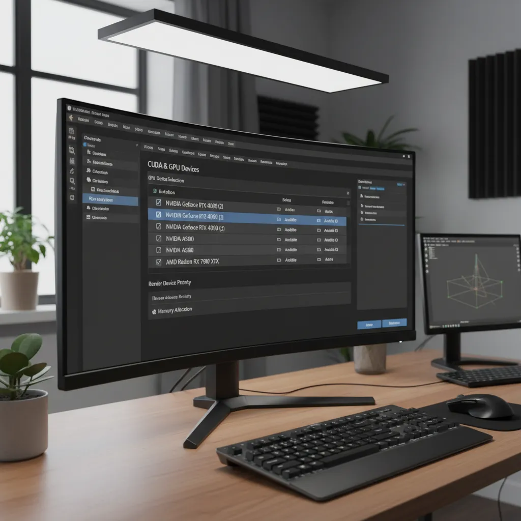 Render engine settings panel showing GPU device selection for CUDA or OptiX