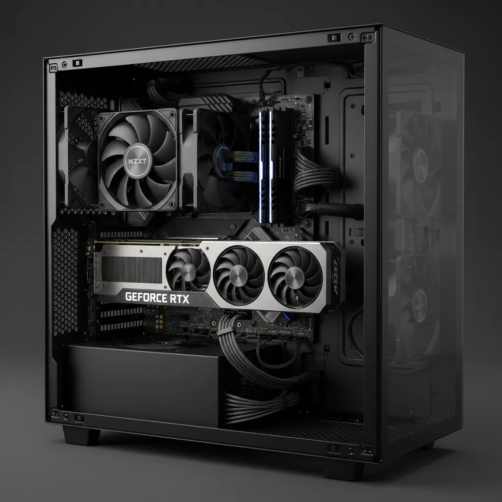 Desktop PC interior showing powerful GPU installed for rendering
