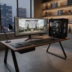 Desk with wide monitor showing interior design drawing and black computer case with glowing fans
