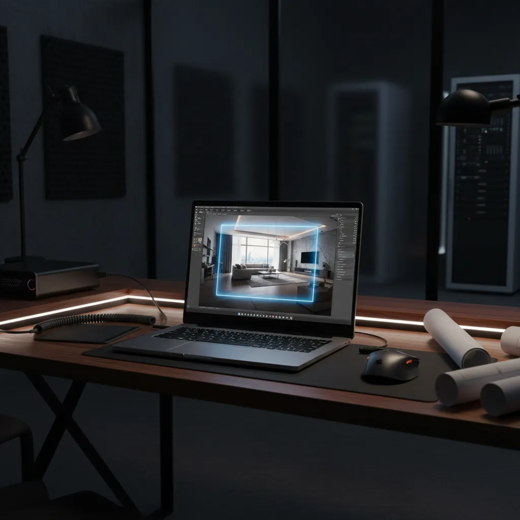 Laptop realizando renderizado de interior en software 3D