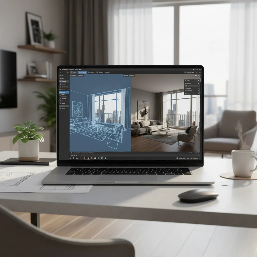 Pantalla de portátil mostrando modelo 3D de apartamento en software de diseño