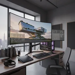 Professional workstation with curved monitor showing interior design drawing keyboard mouse tablet and office chair