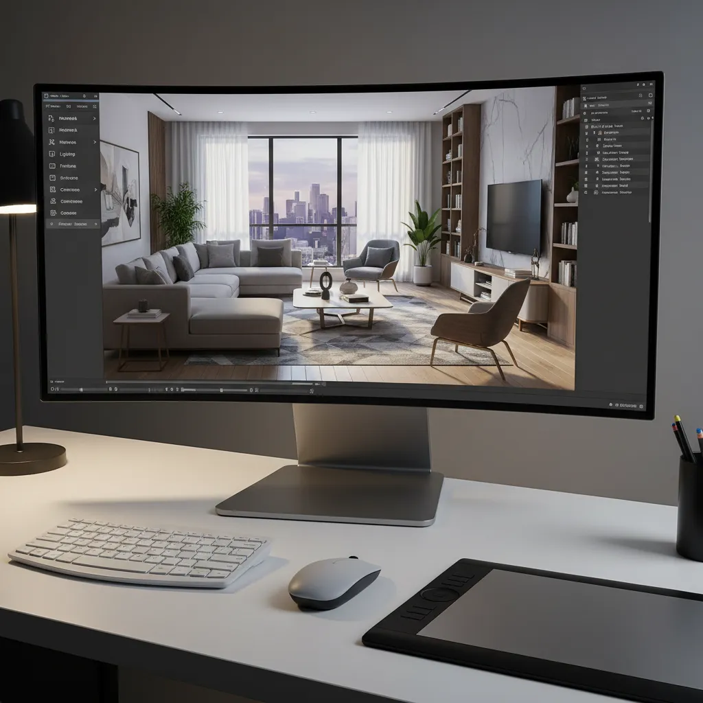Pantalla de ordenador mostrando renderizado 3D de un salón moderno