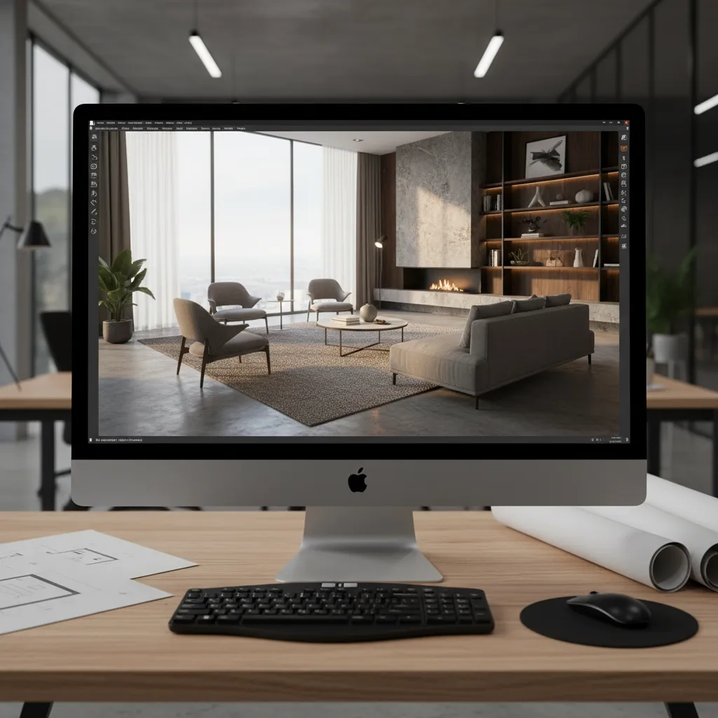 Renderizado de interior en pantalla de ordenador con software 3D