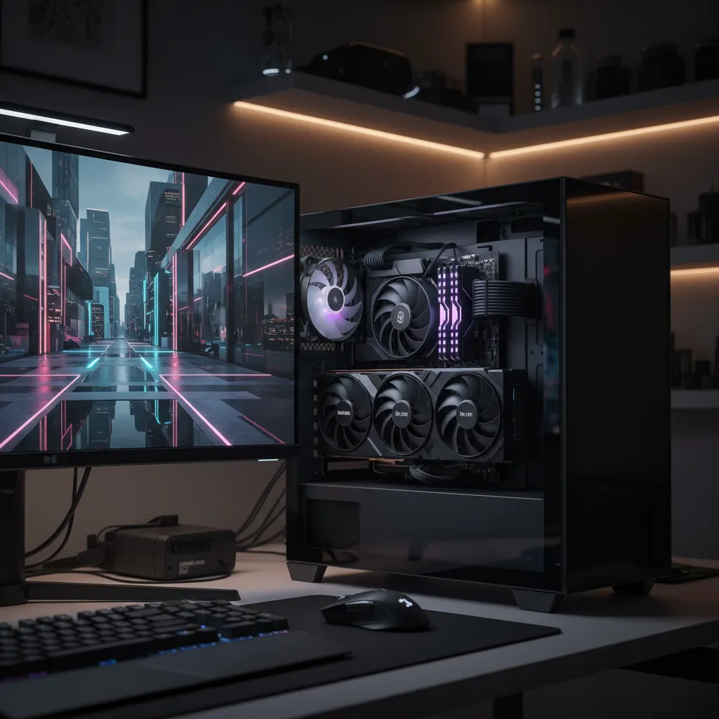 Powerful GPU rendering a complex 3D scene on a workstation monitor