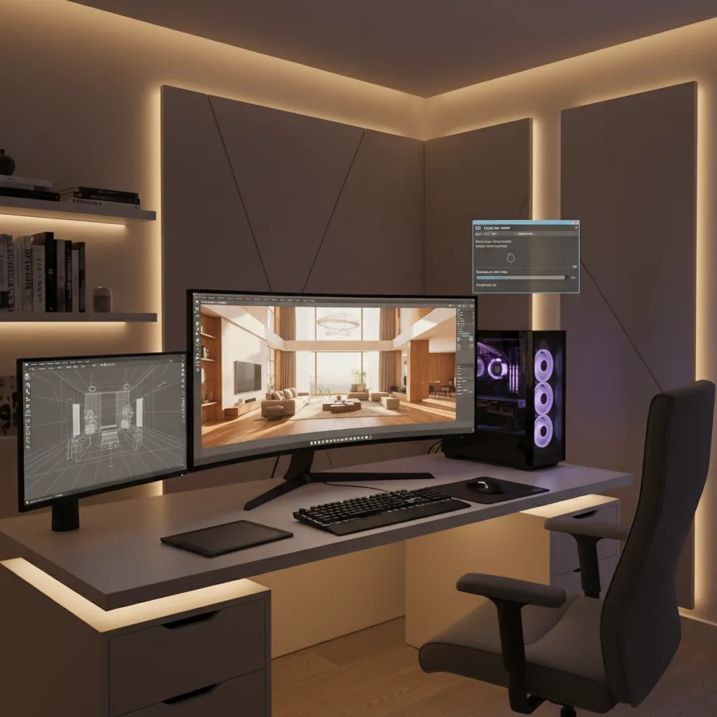 3D artist reviewing GPU rendered architectural scene on computer monitor